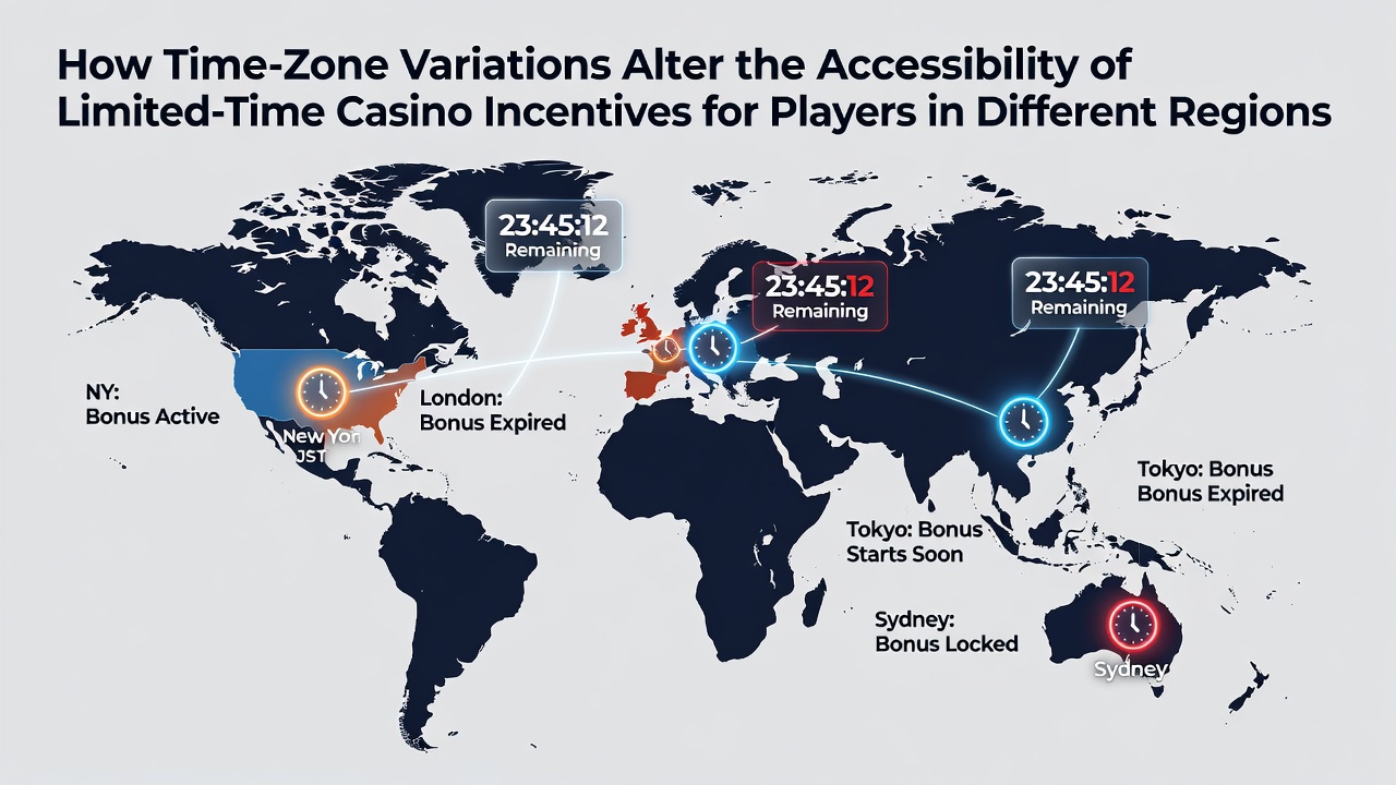 Illustration von Weltkarte mit Zeitzonen und Casino-Symbolen, die regionale Unterschiede bei Bonus-Angeboten zeigen