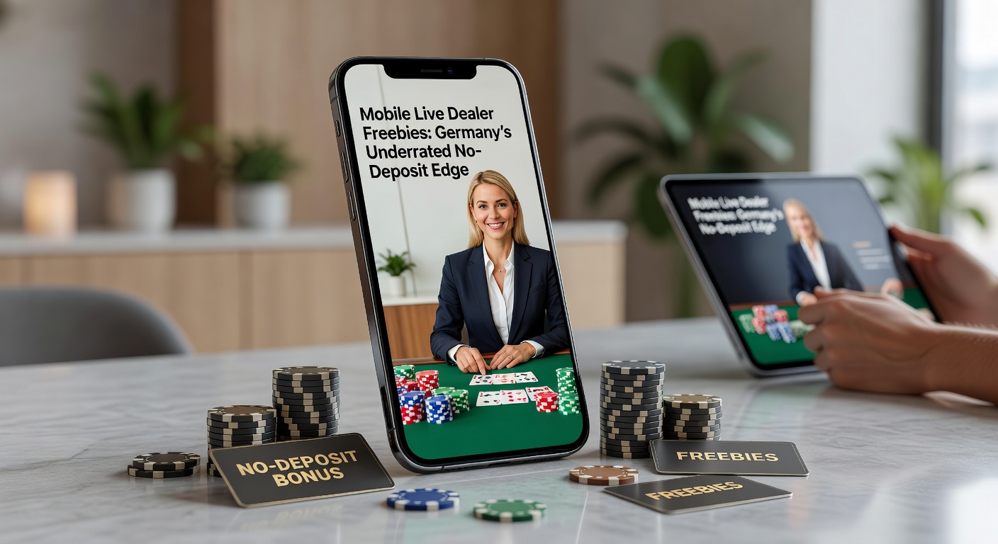 Live-Dealer-Tisch auf Tablet-Display mit No-Deposit-Bonus-Pop-up und deutschen Flaggen-Elementen
