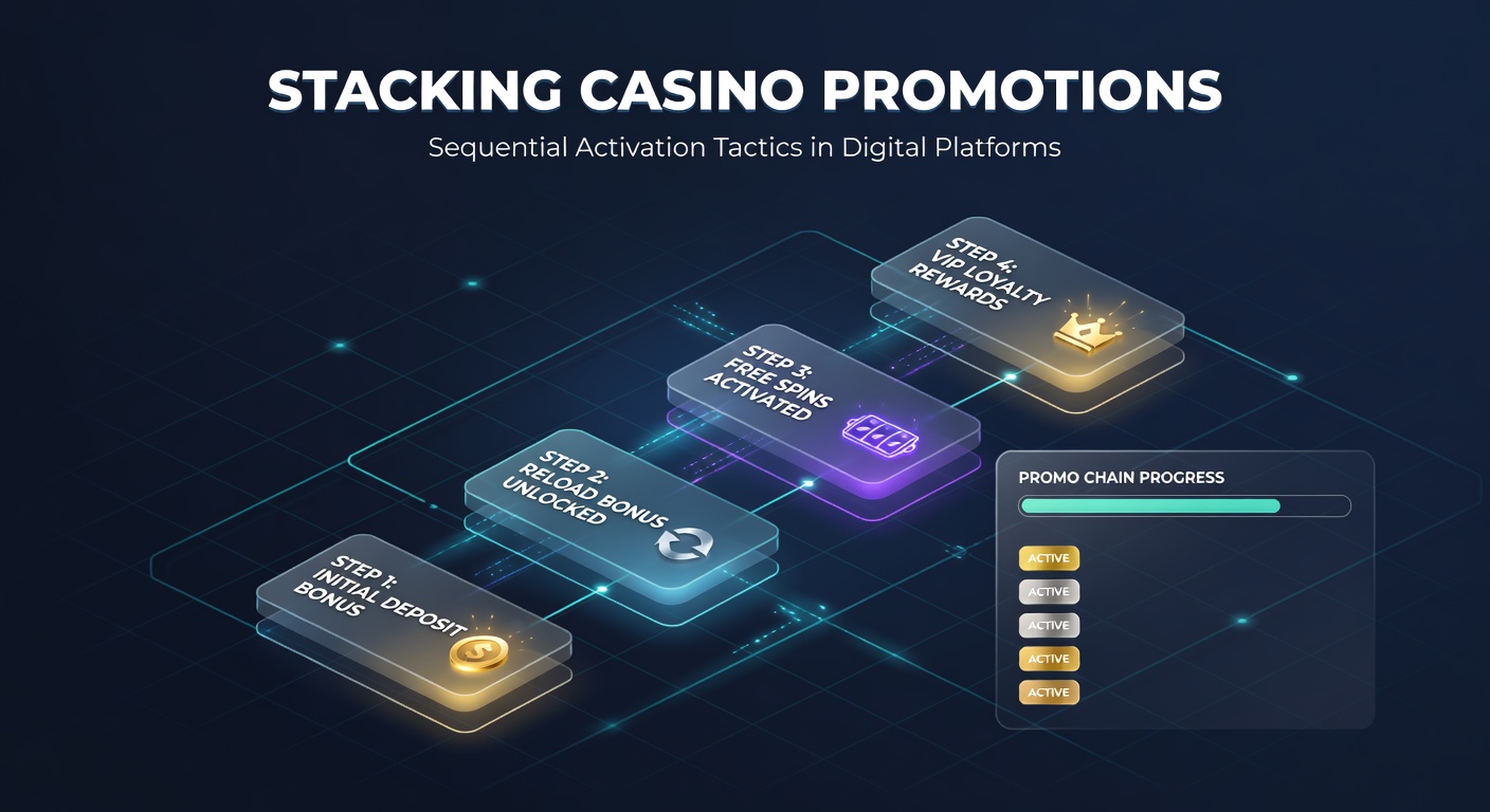 Grafik mit sequentiellen Schritten zum Stapeln von Boni auf einer Casino-App, inklusive Timer und Fortschrittsbalken