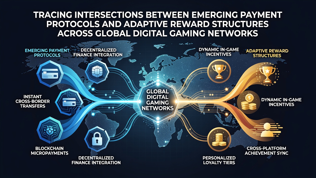 Illustration der Verbindungen zwischen Zahlungsprotokollen und Belohnungssystemen in Gaming-Netzwerken