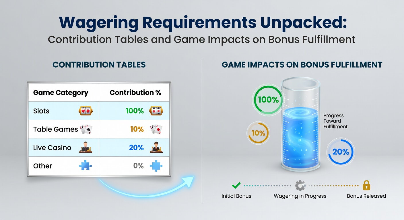 Grafik einer typischen Beitragstabelle für Casino-Boni mit Prozentsätzen für Slots, Tischspiele und Live-Dealer